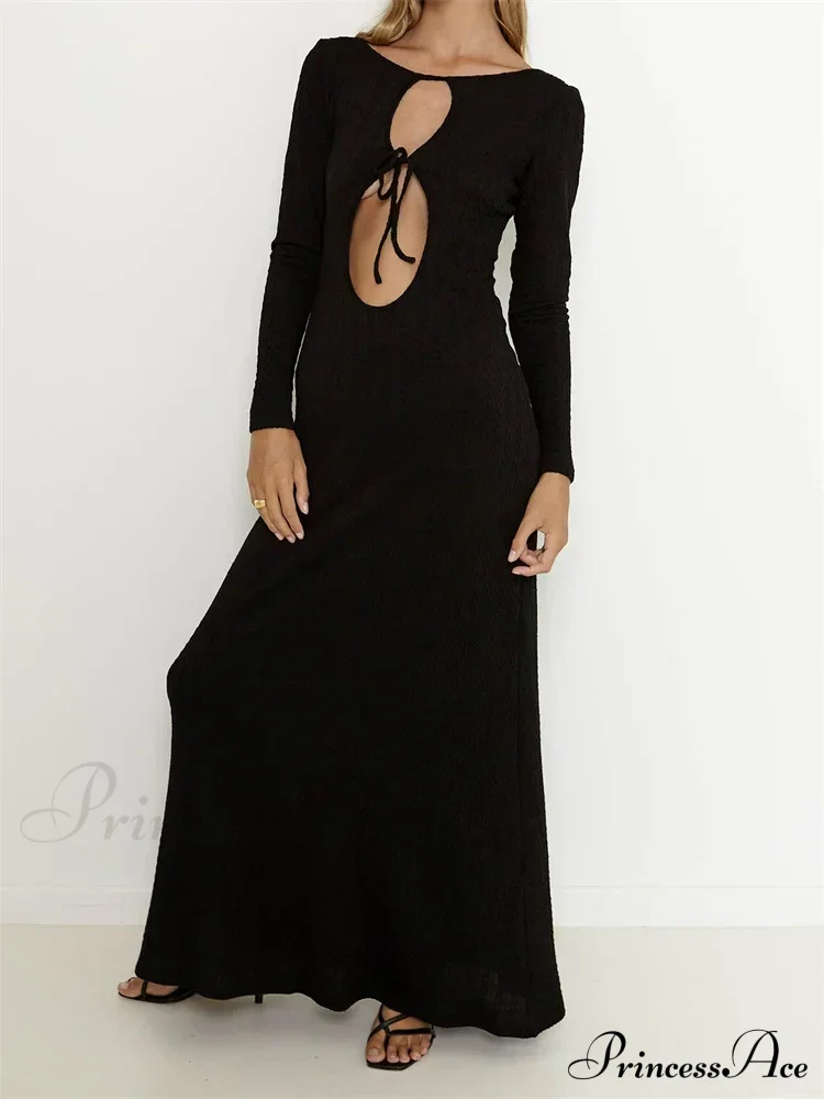 Women Vintage Elegant Sleeve Front Cutout Tie-up Solid Color Solid Color Party Autumn Vestidos