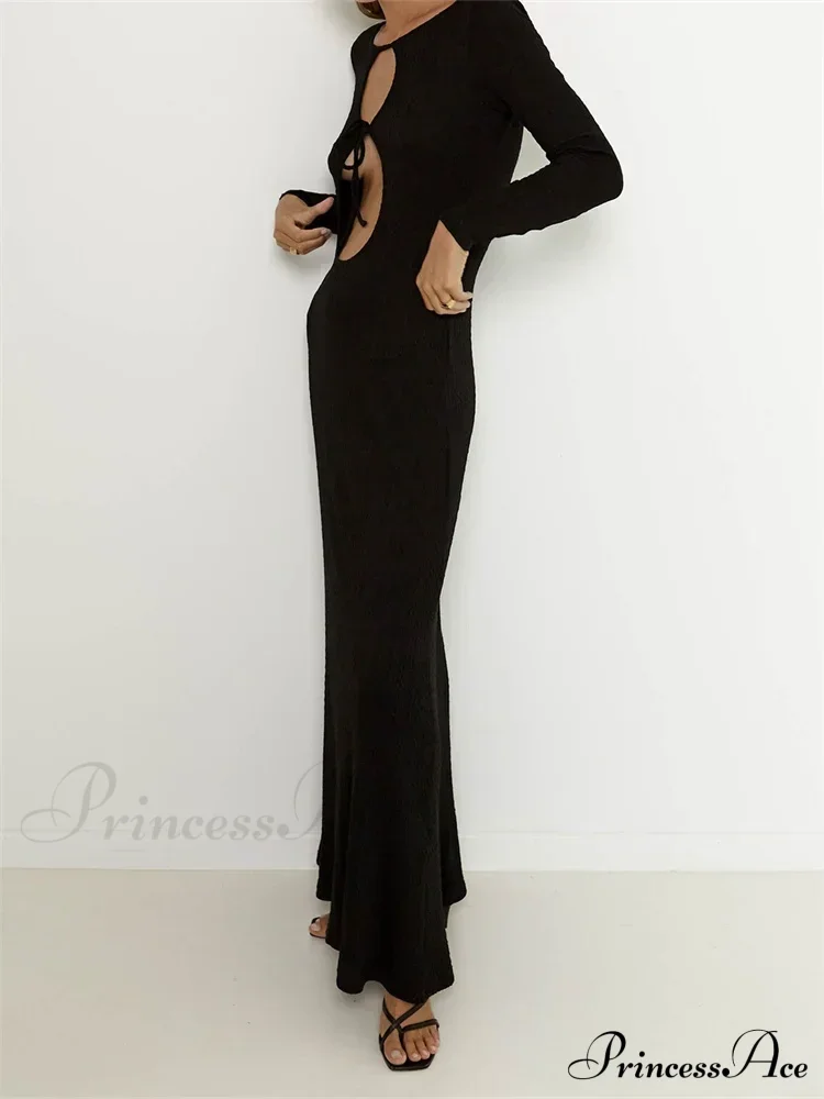 Women Vintage Elegant Sleeve Front Cutout Tie-up Solid Color Solid Color Party Autumn Vestidos - Image 3