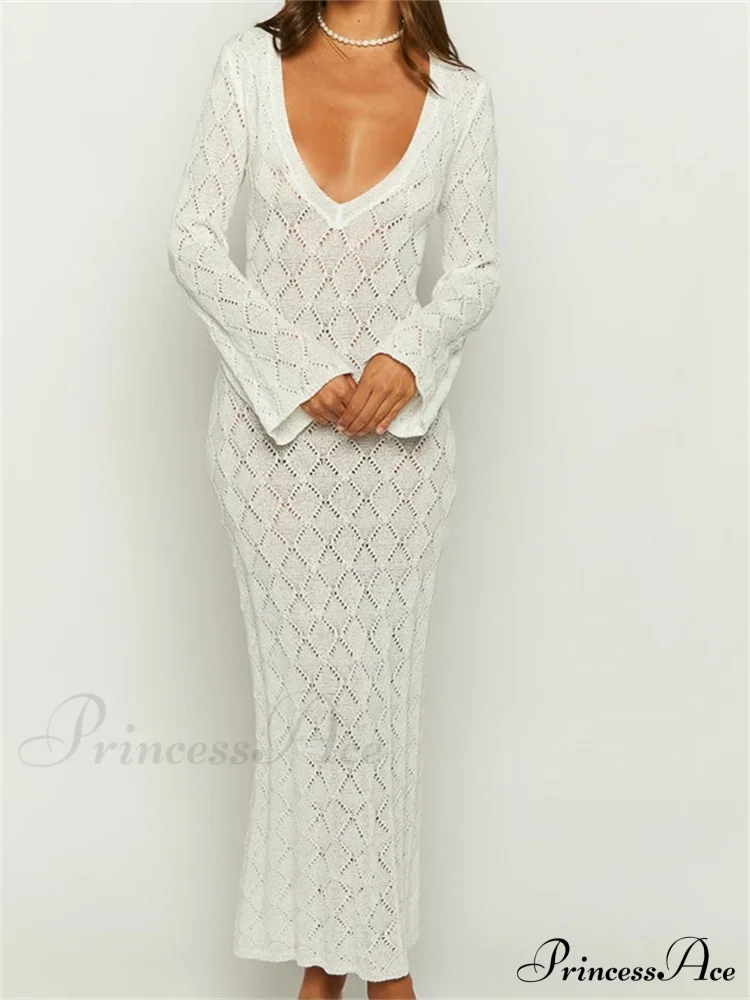 Women Crochet Knitted Sleeve Hollow Out V-neck Backless Lace-up Beach Cover Ups Summer Vestidos - Image 2