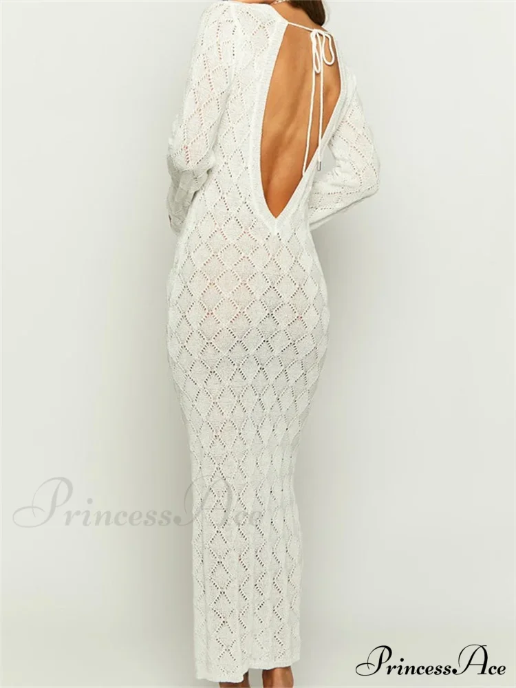 Women Crochet Knitted Sleeve Hollow Out V-neck Backless Lace-up Beach Cover Ups Summer Vestidos - Image 4