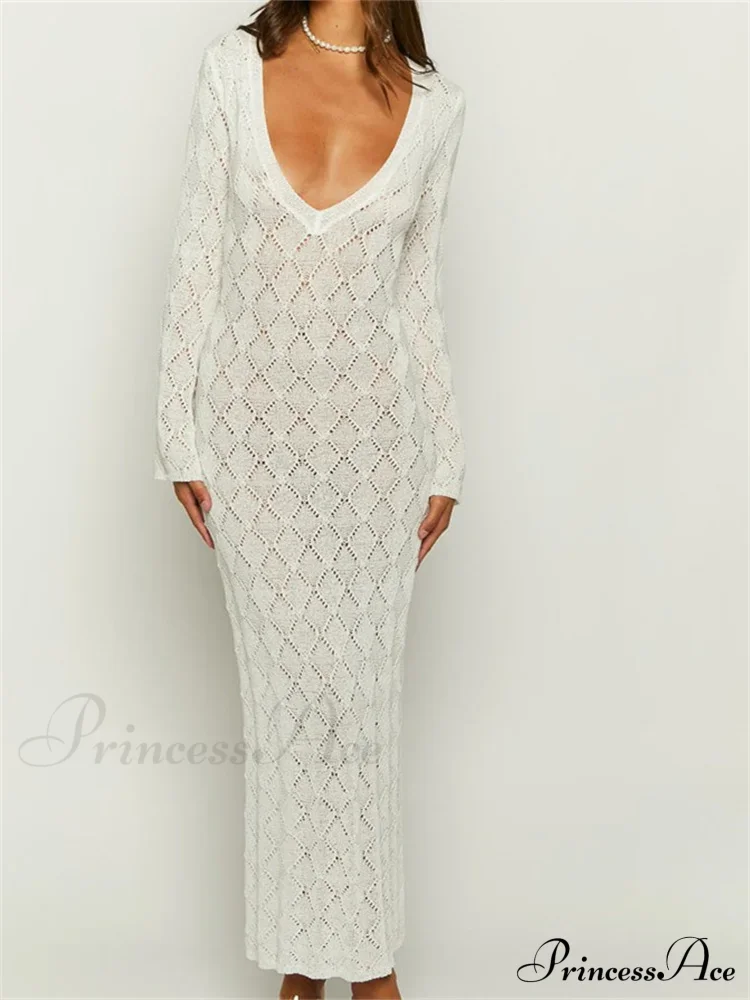 Women Crochet Knitted Sleeve Hollow Out V-neck Backless Lace-up Beach Cover Ups Summer Vestidos - Image 5