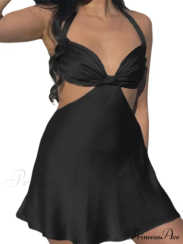 Spaghetti Strap Backless Satin Halter Hollow Out Mini Dress - Image 10