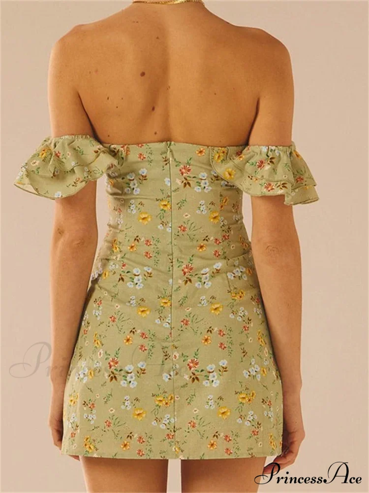 Off Shoulder Casual Sleeveless Floral Print Ruffle Trim Mini Dress - Image 4
