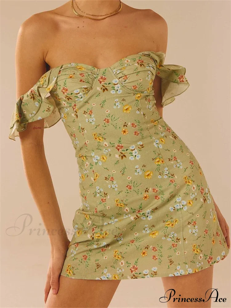 Off Shoulder Casual Sleeveless Floral Print Ruffle Trim Mini Dress - Image 5