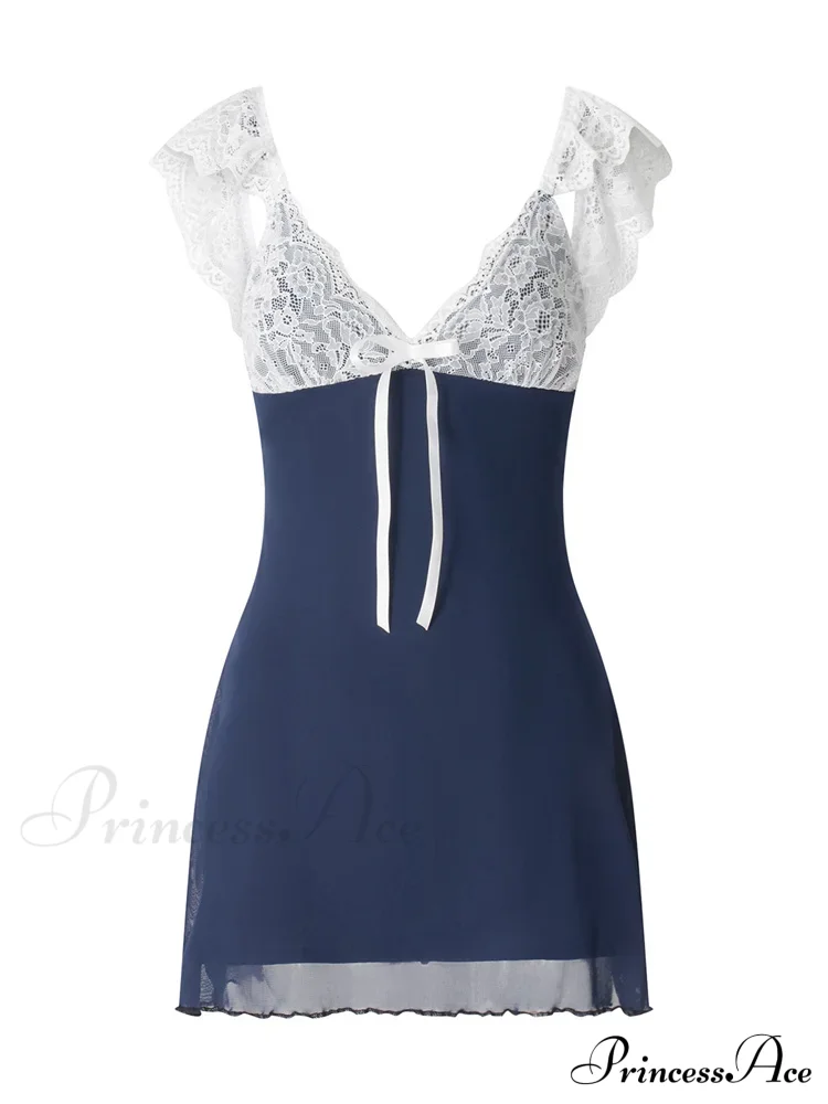 Lace Patchwork Deep V neck Sleeveless Strap Mini Dress - Image 6