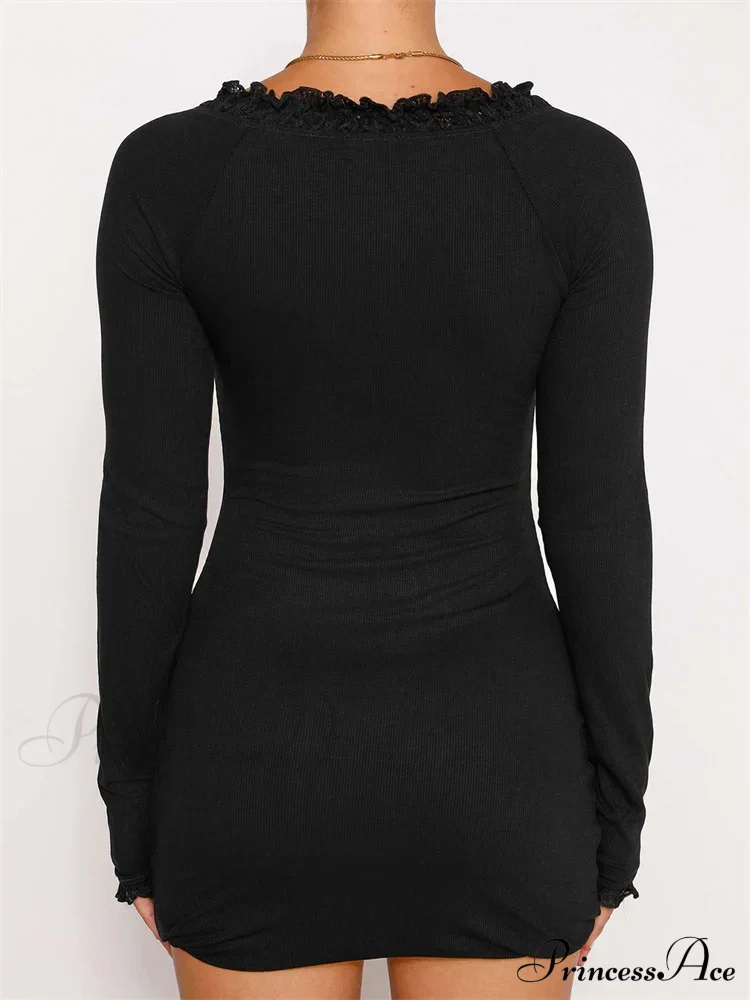 Lace Bow Patchwork Spring Autumn Ribbed Mini Dress - Image 4