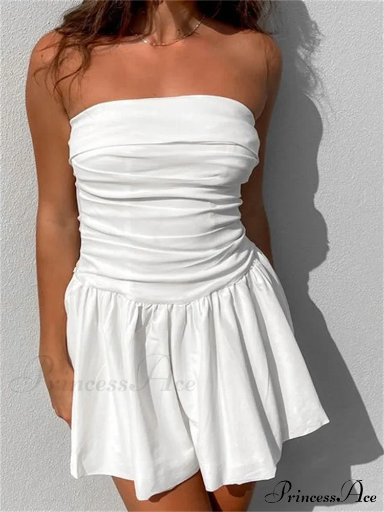 Sexy Summer Tube Strapless Off Shoulder Solid Ruched Mini Dress - Image 2