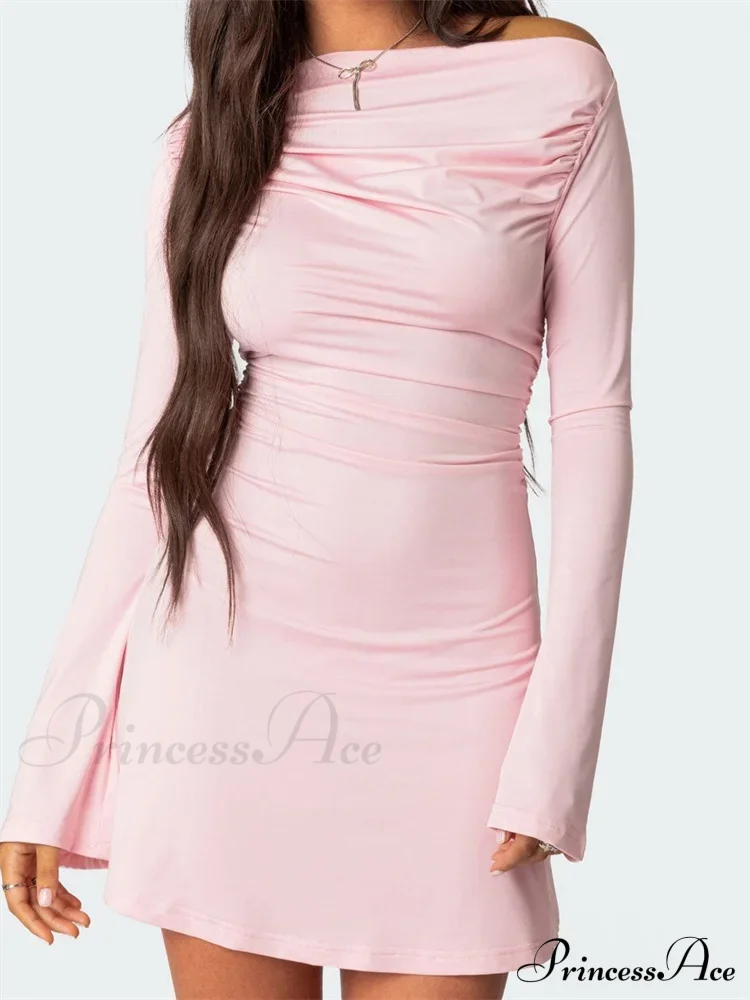 Off Shoulder Ruched Fashion Long Sleeve Irregular Neck Mini Dress - Image 6