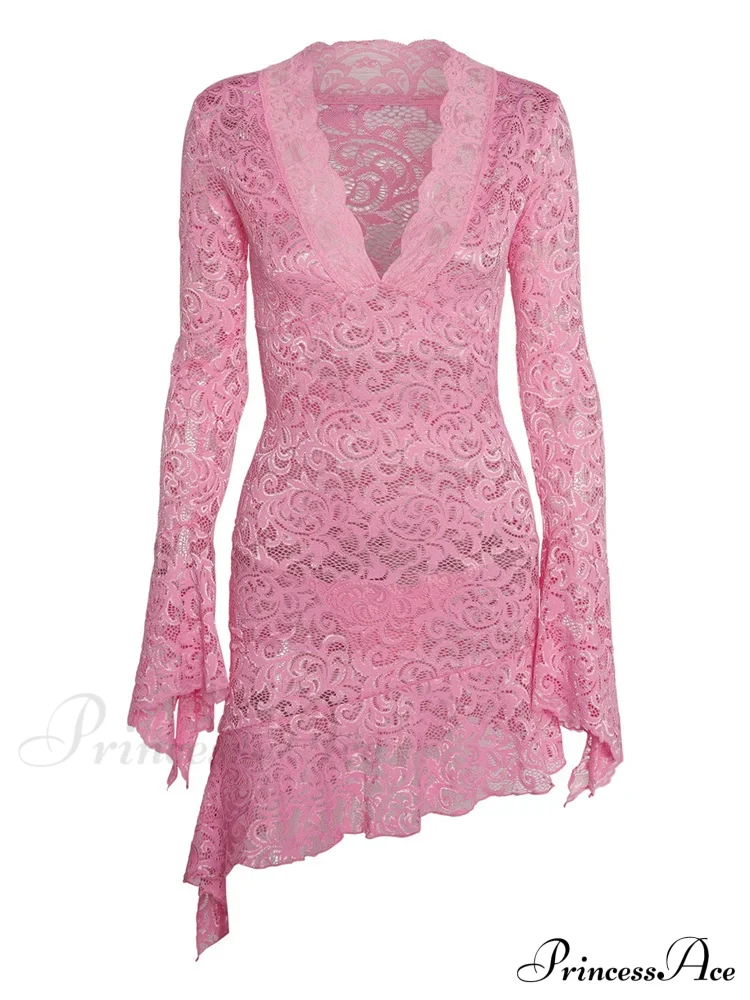 Lace Floral See Through Irregular Hem Long Flare Mini Dress - Image 5