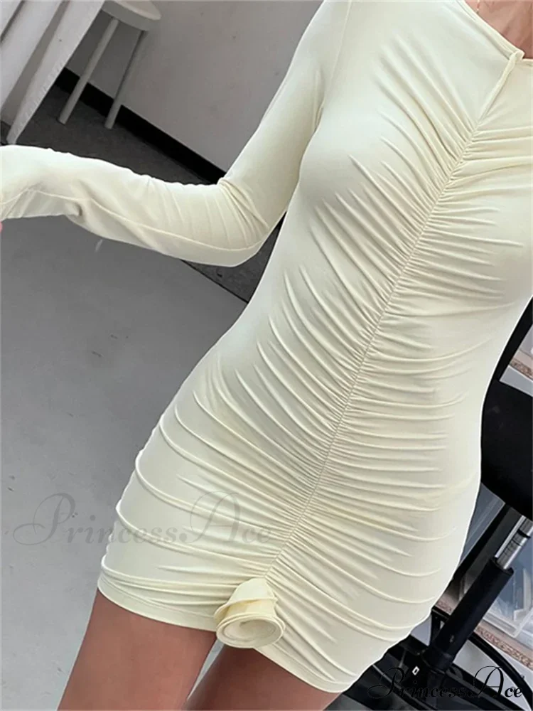 Ruched Long Sleeve Round Neck Flower Patchwork Mini Dress - Image 2