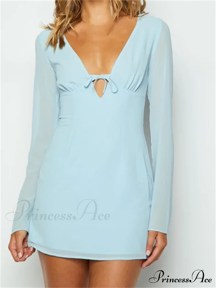 Elegant Long Sleeve Solid Casual Deep V Neck Mini Dress - Image 5