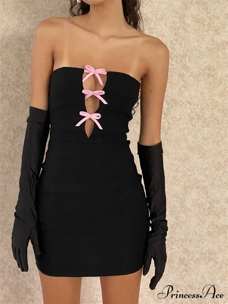 Sexy Strapless Off Shoulder Casual Bow Patchwork Cutout Mini Dress - Image 6