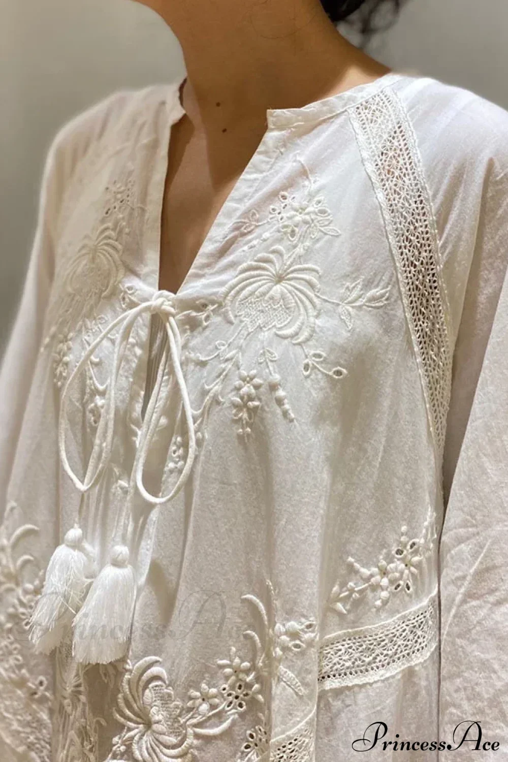 Cotton Linen Beach White V Neck Embroidered Boho Dress - Image 4