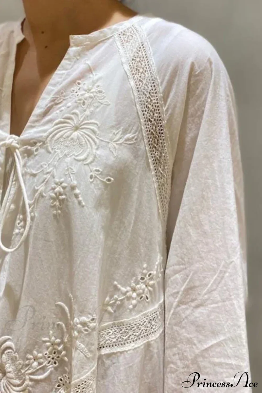 Cotton Linen Beach White V Neck Embroidered Boho Dress - Image 5