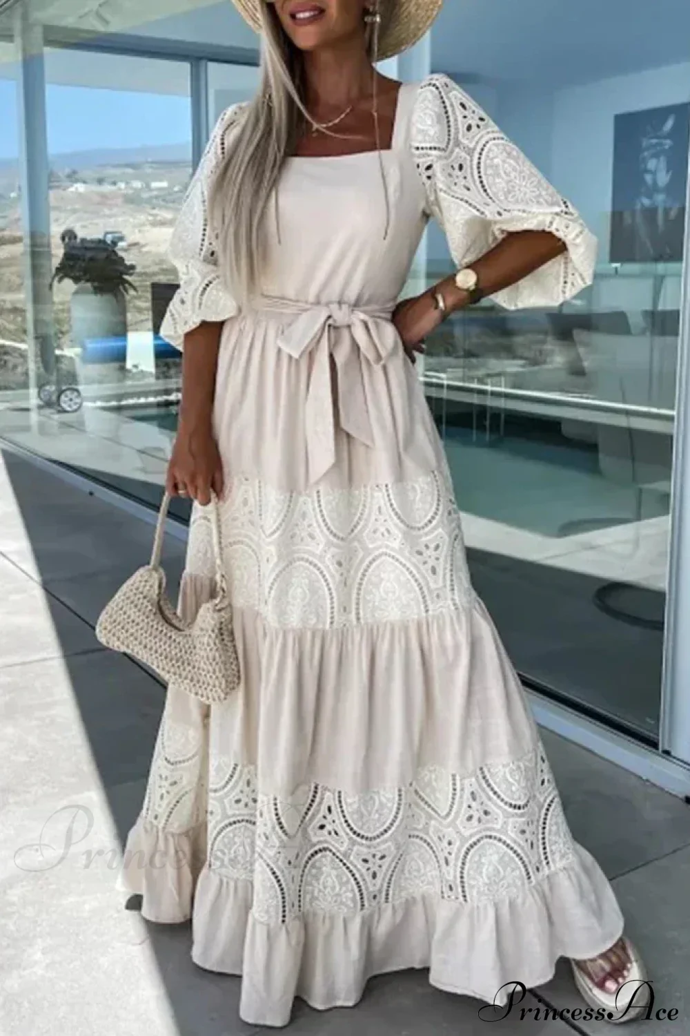 Lace Patchwork Loose Casual Beach Square Neck Boho Dress - Image 10