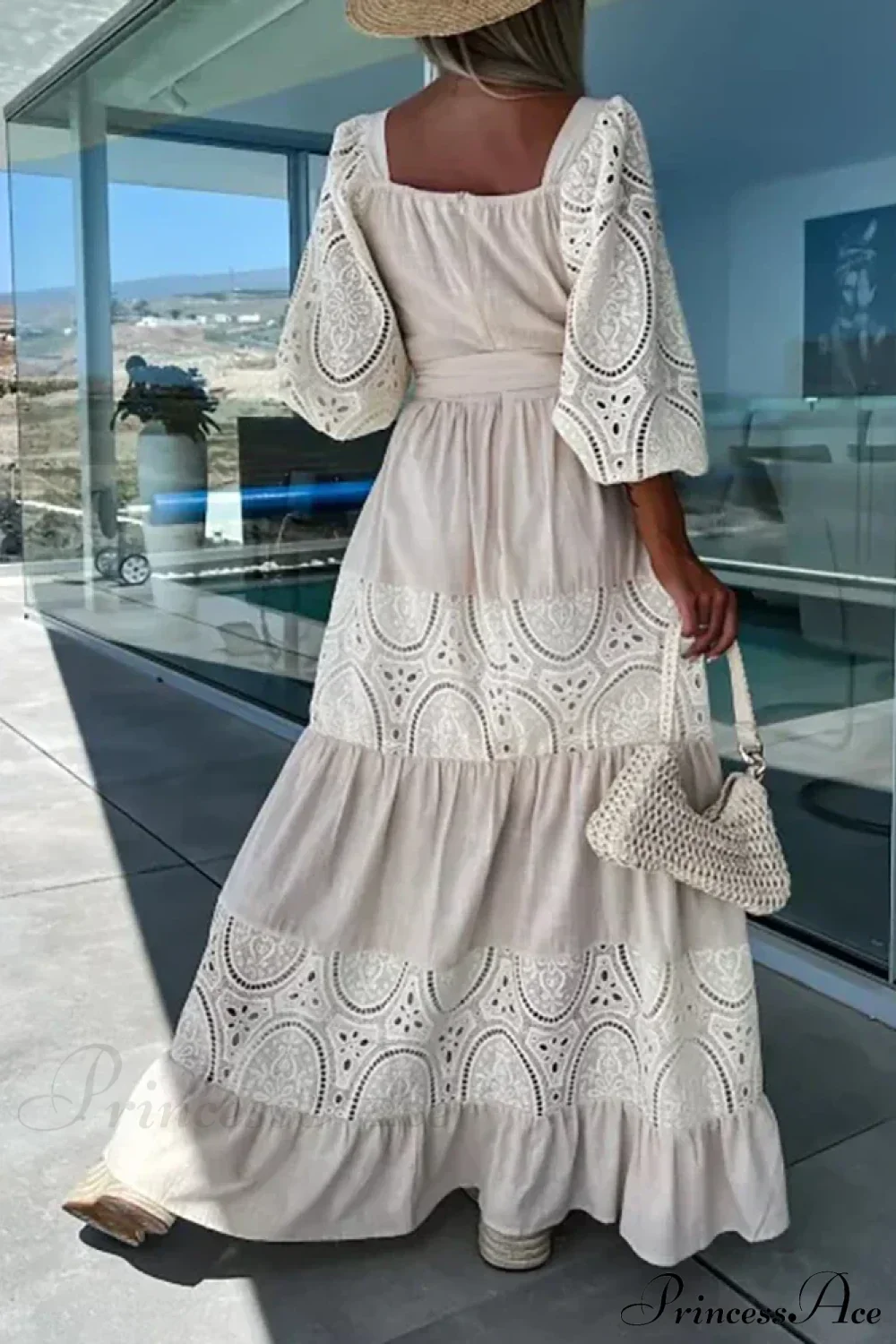 Lace Patchwork Loose Casual Beach Square Neck Boho Dress - Image 2
