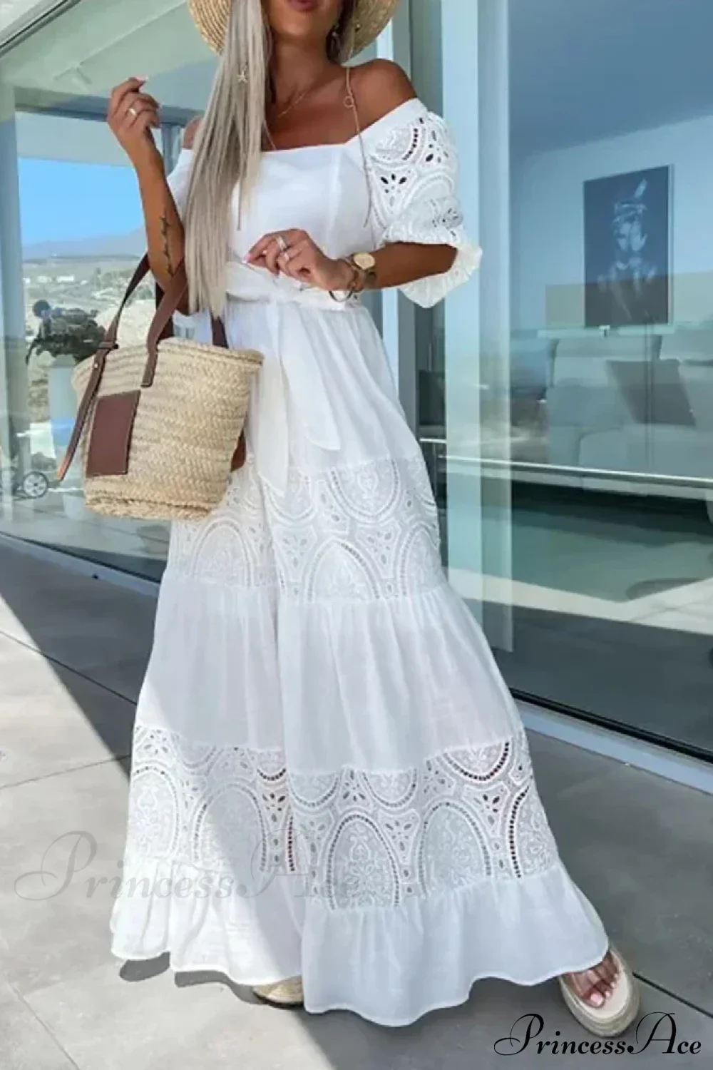 Lace Patchwork Loose Casual Beach Square Neck Boho Dress - Image 4
