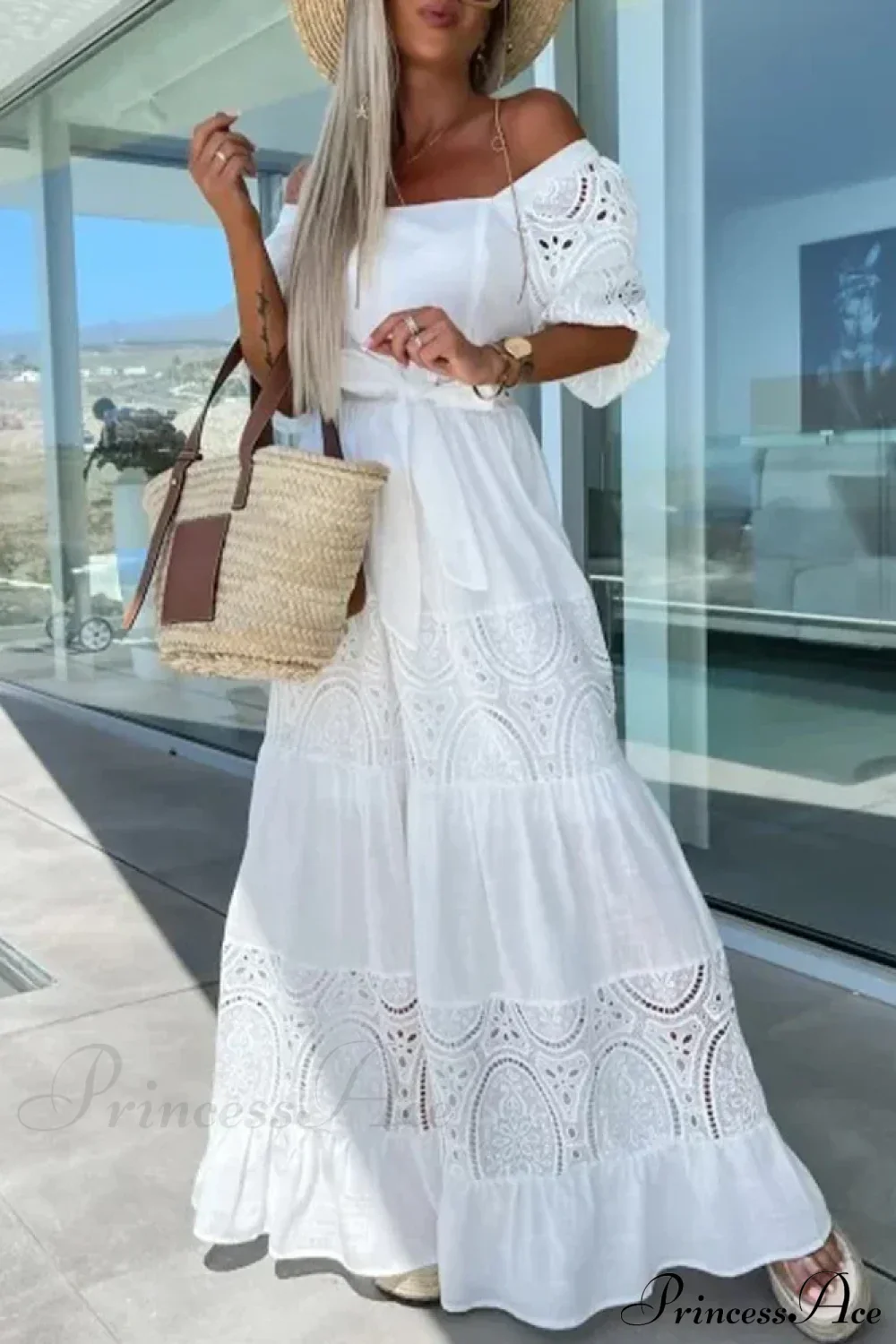 Lace Patchwork Loose Casual Beach Square Neck Boho Dress - Image 9