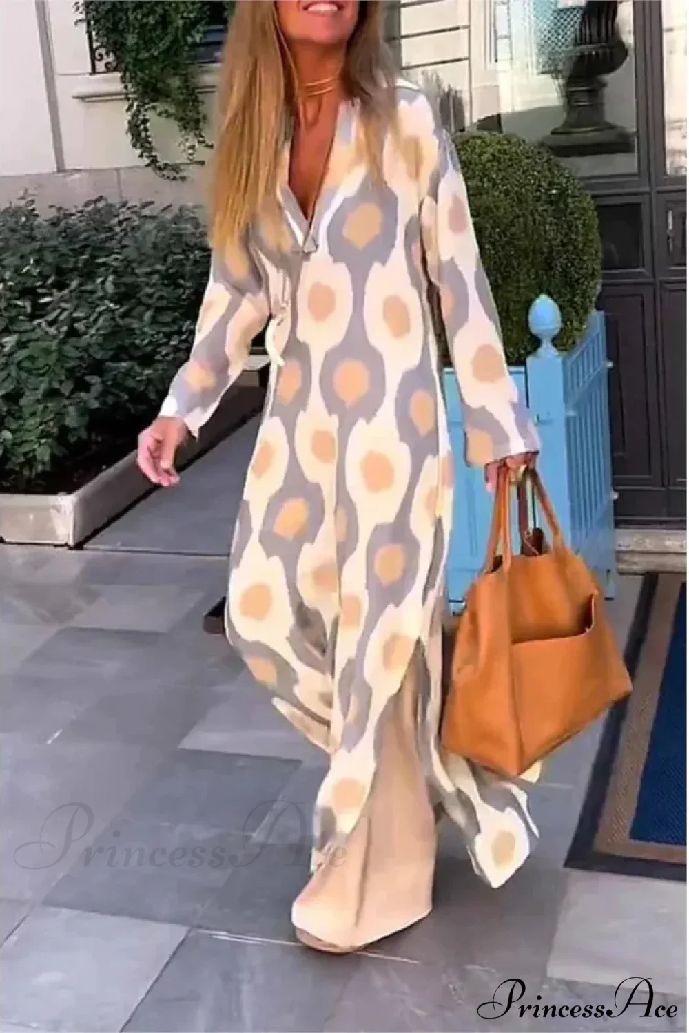 Geometric Printing Split Autumn V Neck Boho Dress - Image 5