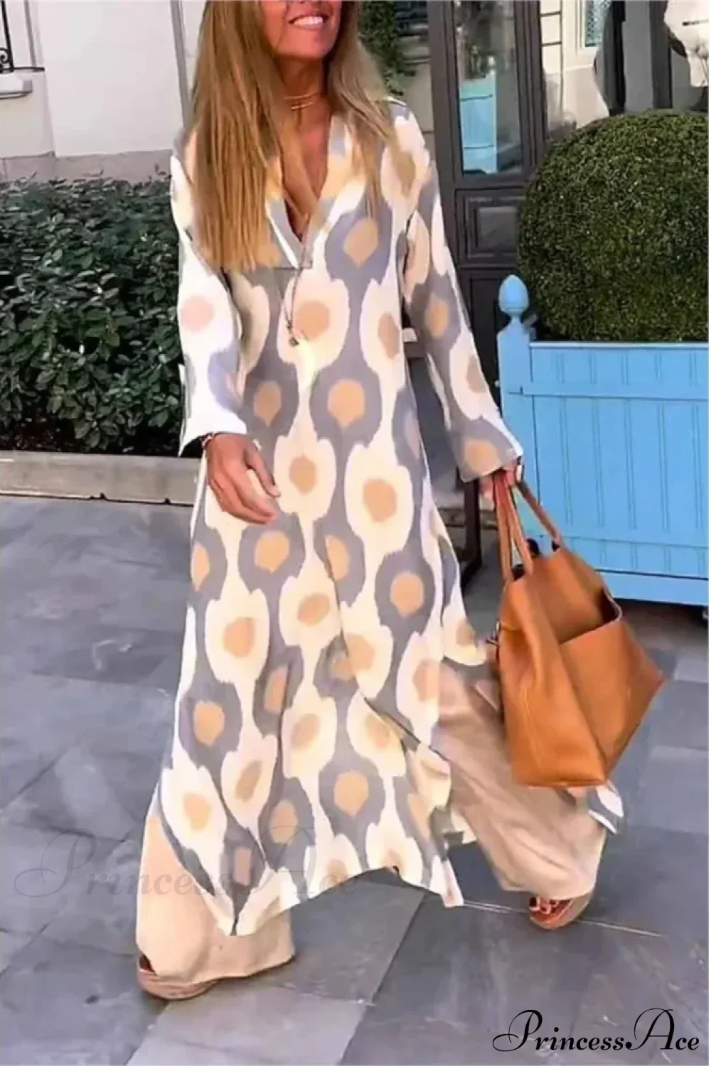 Geometric Printing Split Autumn V Neck Boho Dress - Image 6