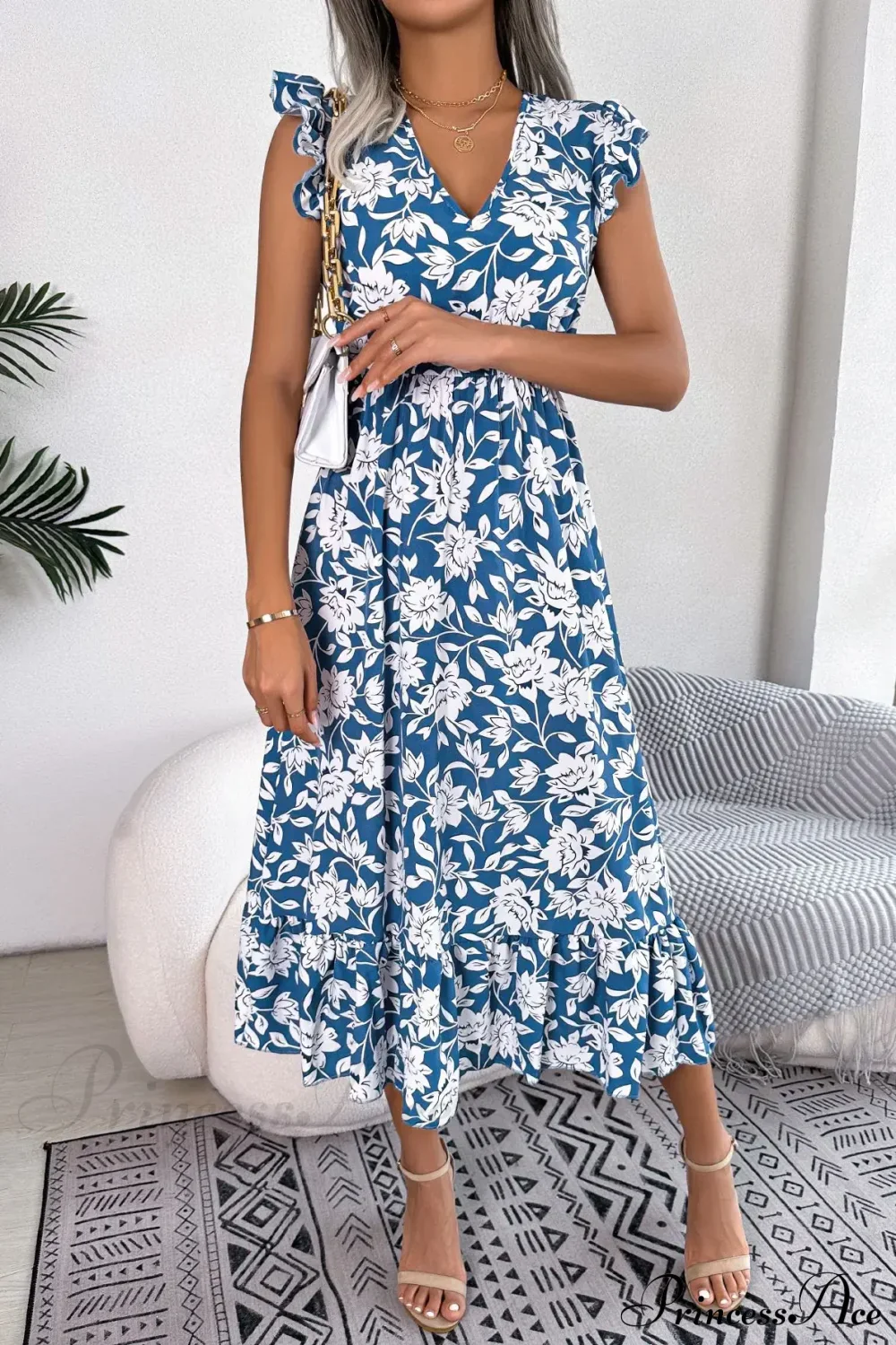 Sleeveless V Neck Summer A Line Midi Dress Boho Dress - Image 5