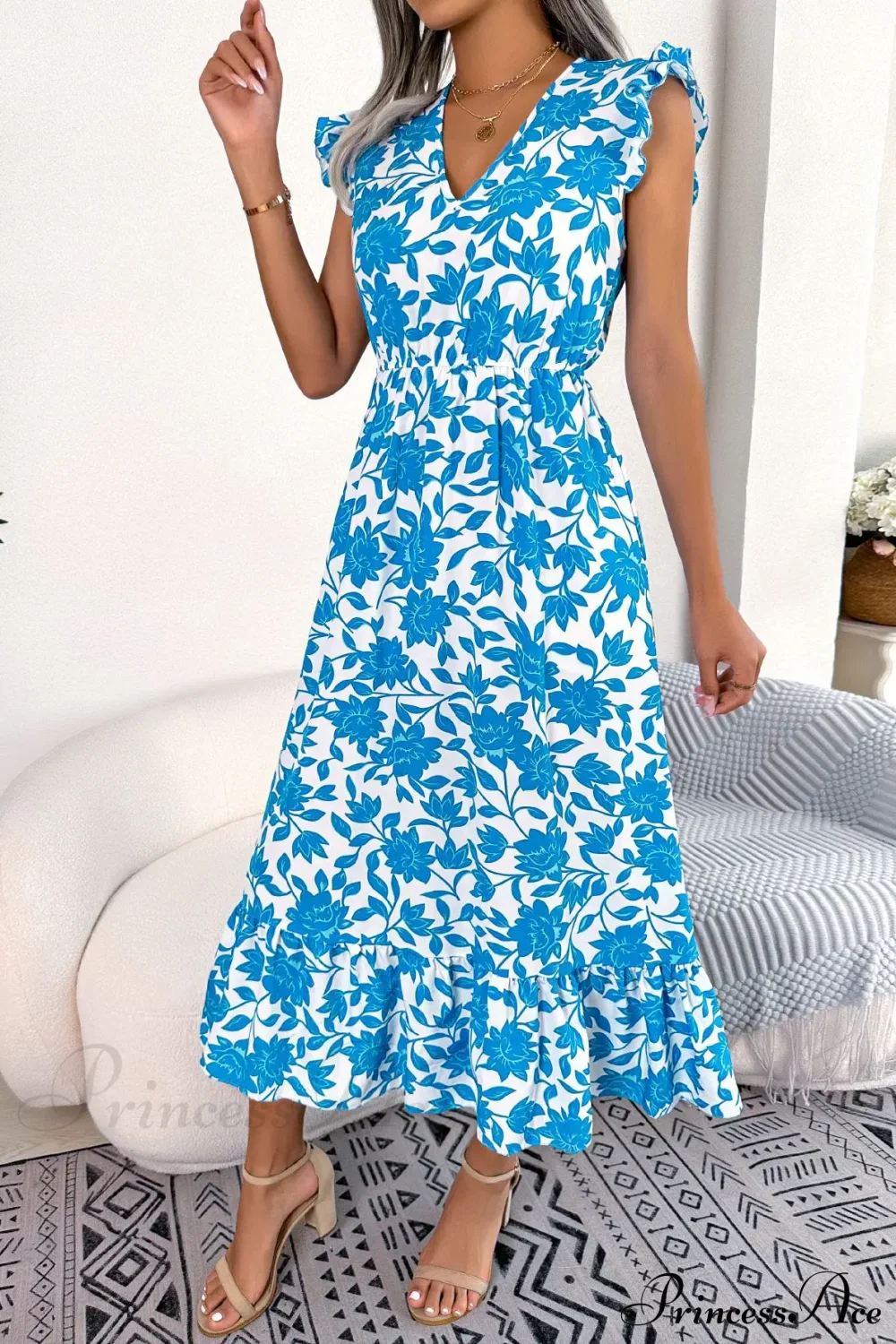 Sleeveless V Neck Summer A Line Midi Dress Boho Dress - Image 6