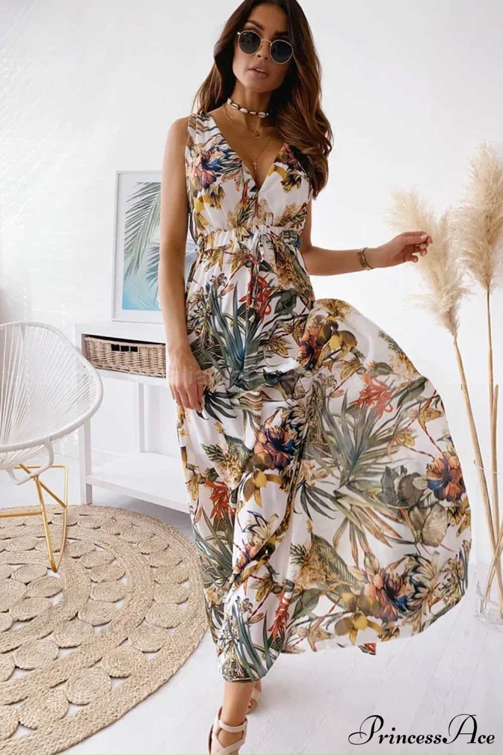 Deep V Neck Print Sleeveless Boho Dress - Image 3