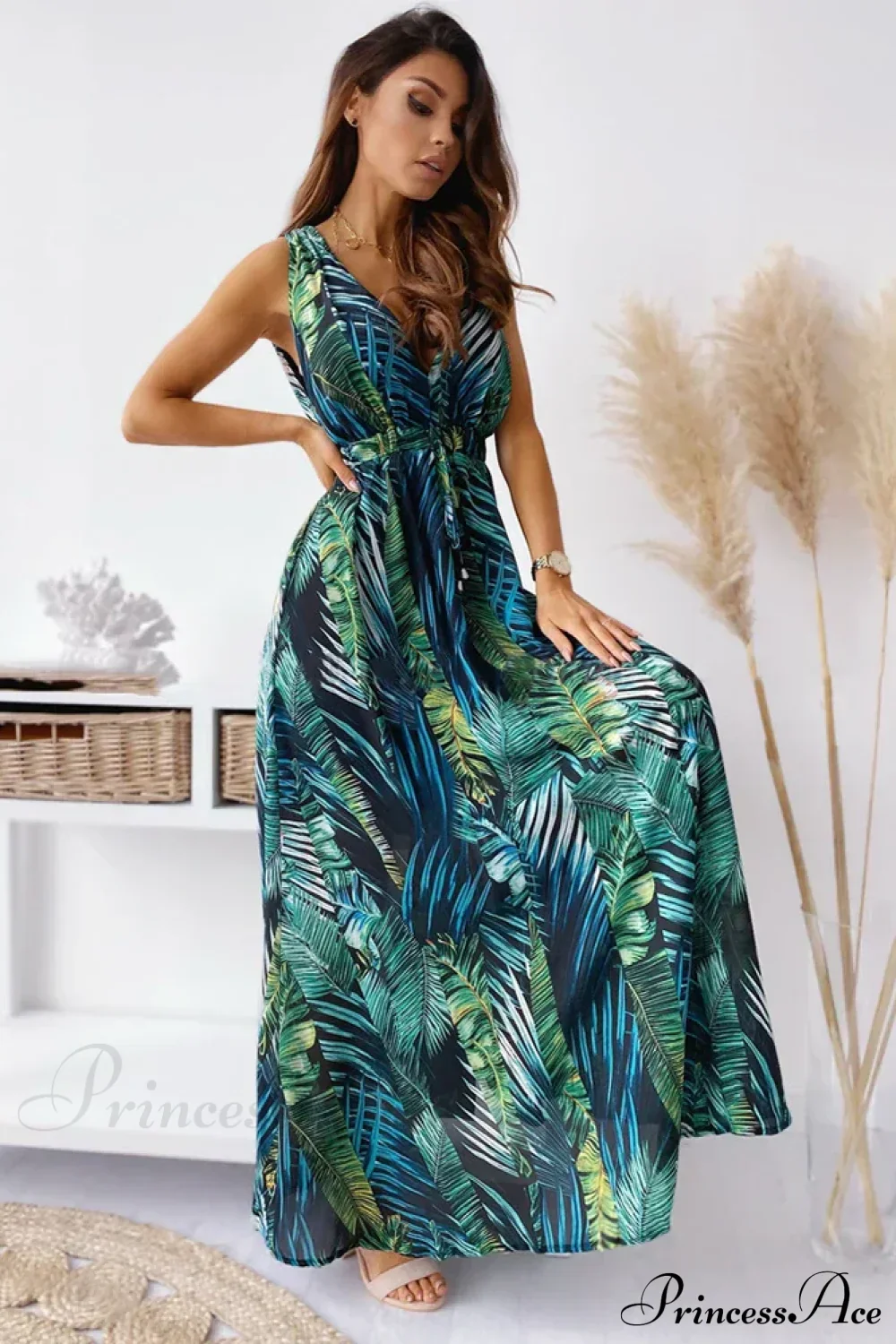 Deep V Neck Print Sleeveless Boho Dress - Image 8