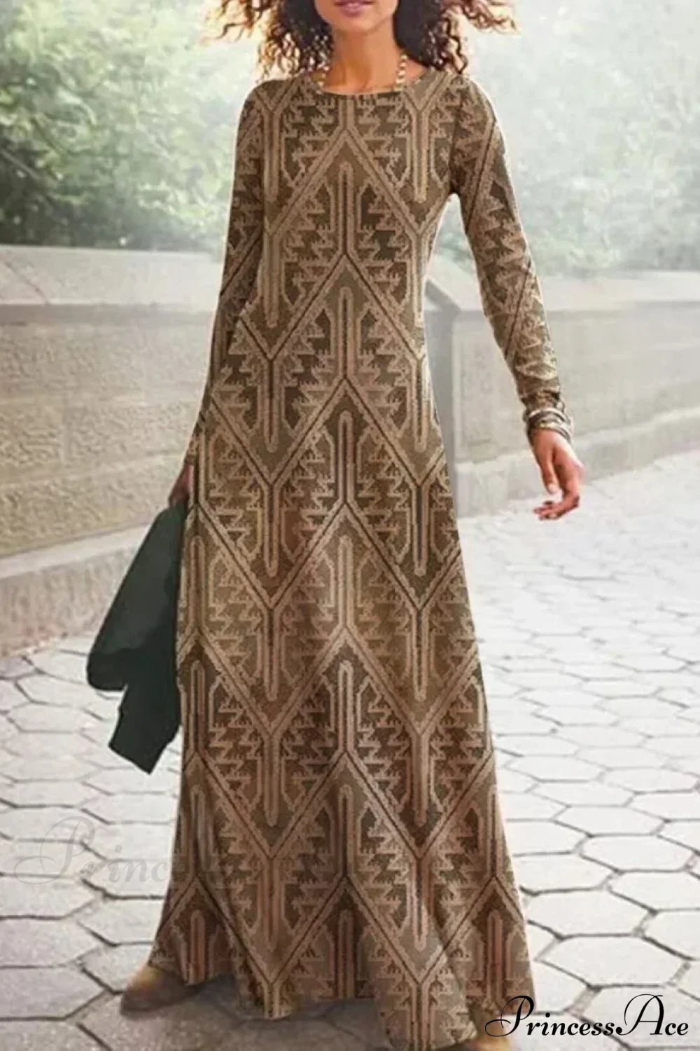 Vintage Geometric Print Long Sleeve Boho Dress - Image 4