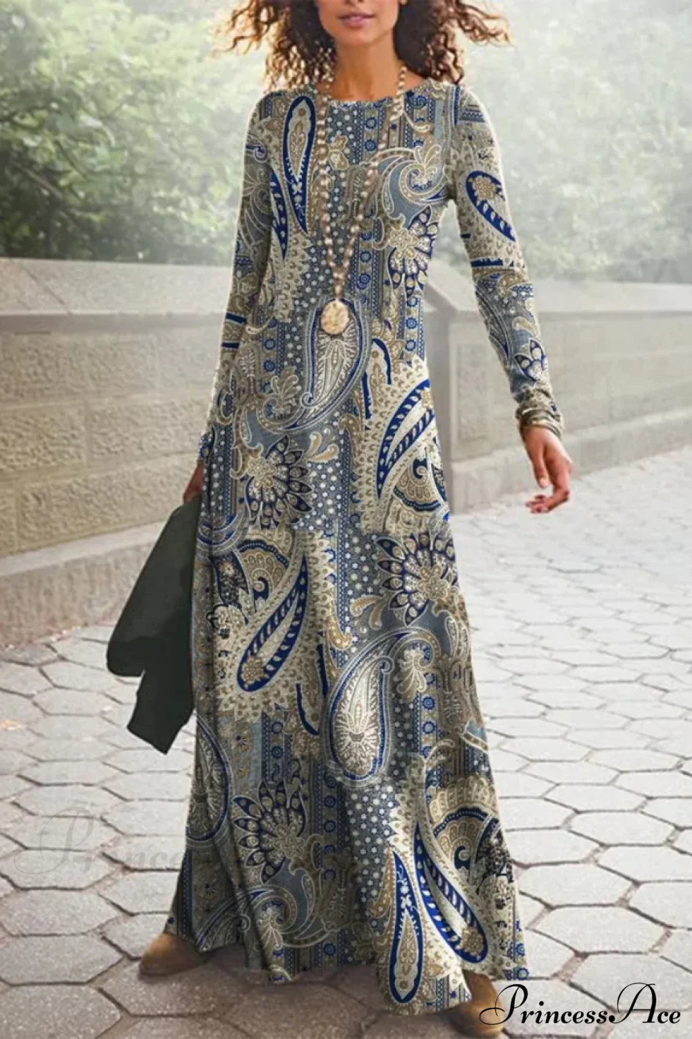 Vintage Geometric Print Long Sleeve Boho Dress - Image 5