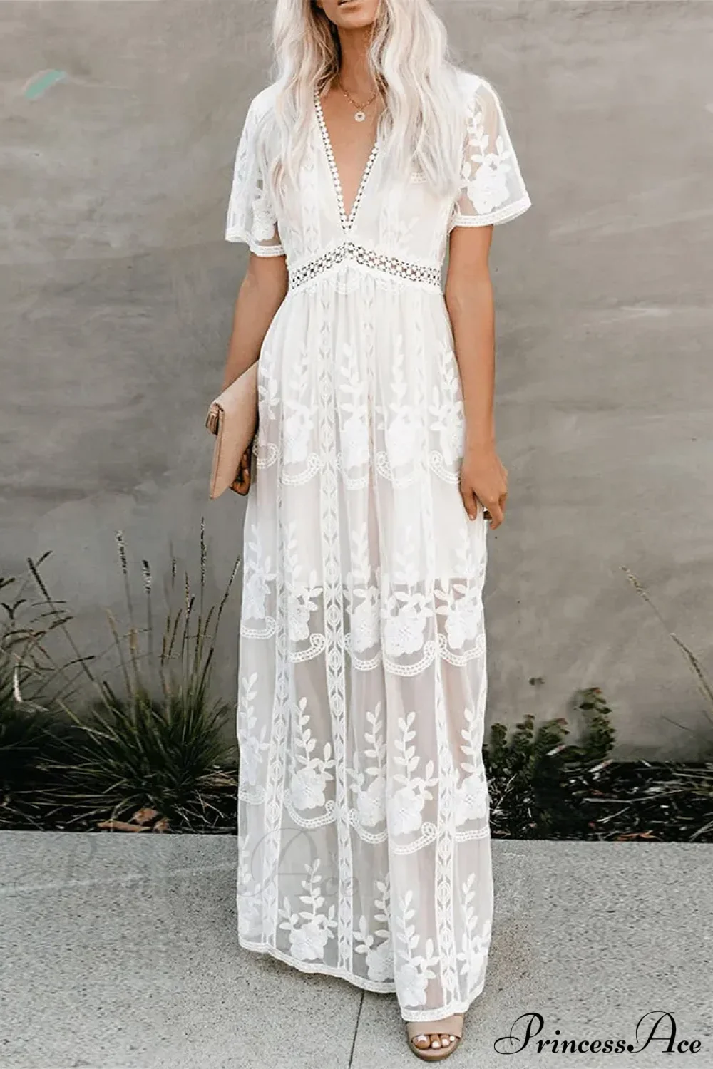 Loose Embroidery White Lace Maxi Boho Dress