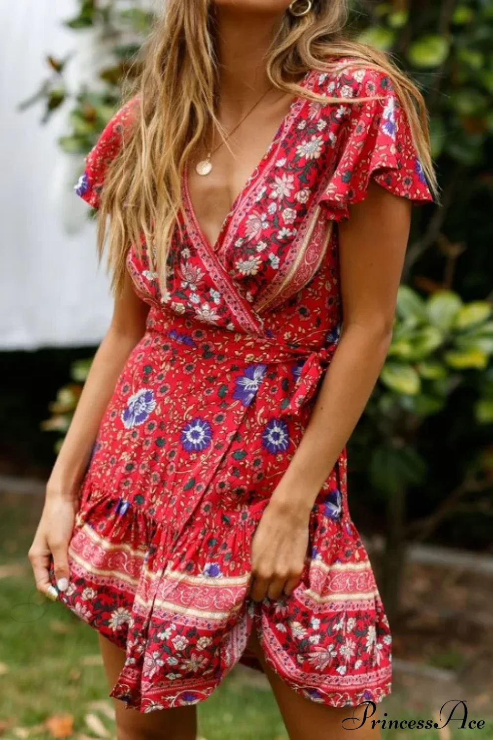 Summer Boho Floral Print Mini Wrap Beach Boho Dress - Image 10