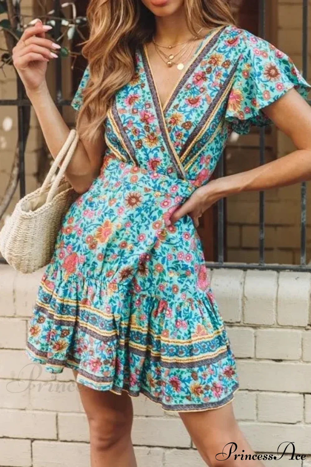 Summer Boho Floral Print Mini Wrap Beach Boho Dress - Image 6
