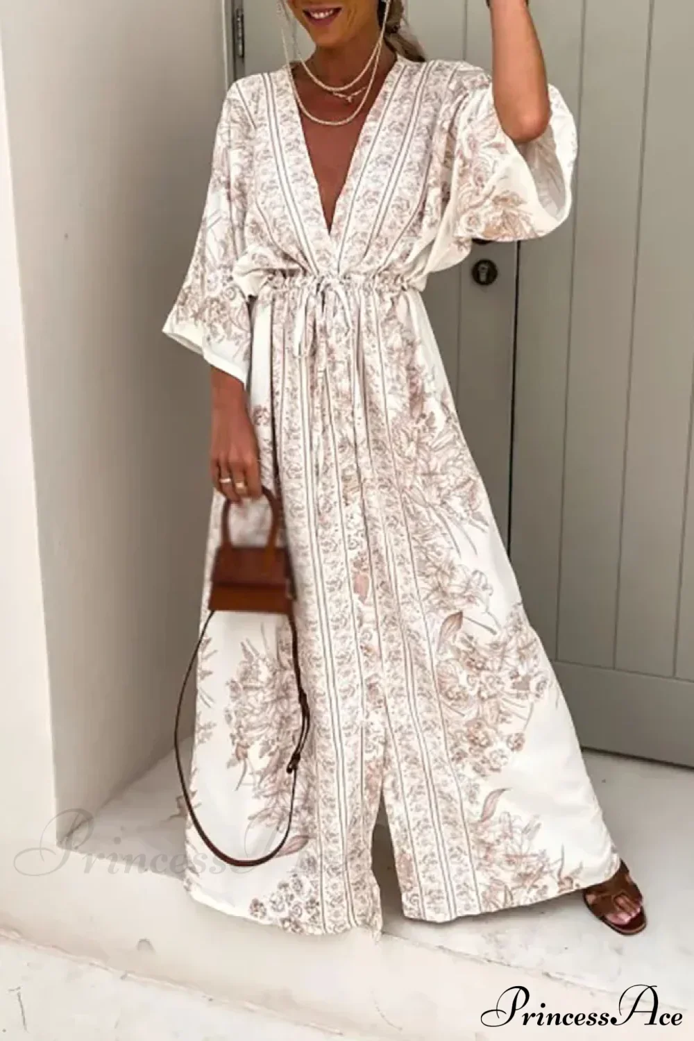Deep V Neck Waist Drawstring Spring Pattern Vintage Boho Dress - Image 3