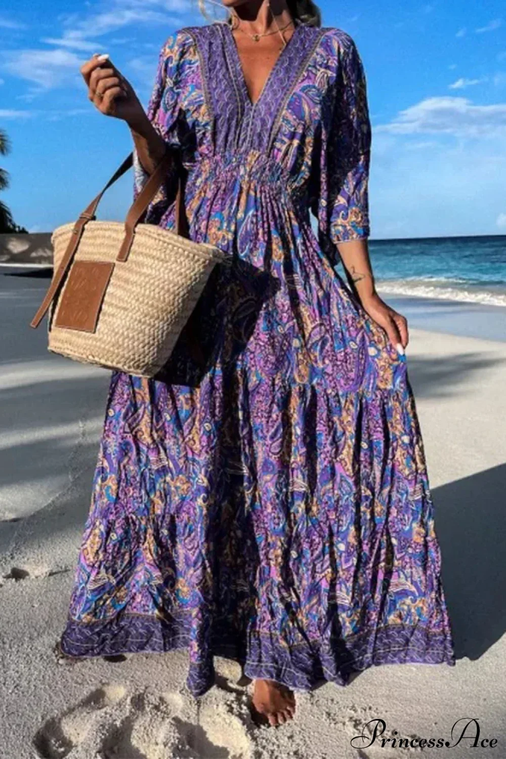 Deep V Neck Waist Drawstring Spring Pattern Vintage Boho Dress - Image 4