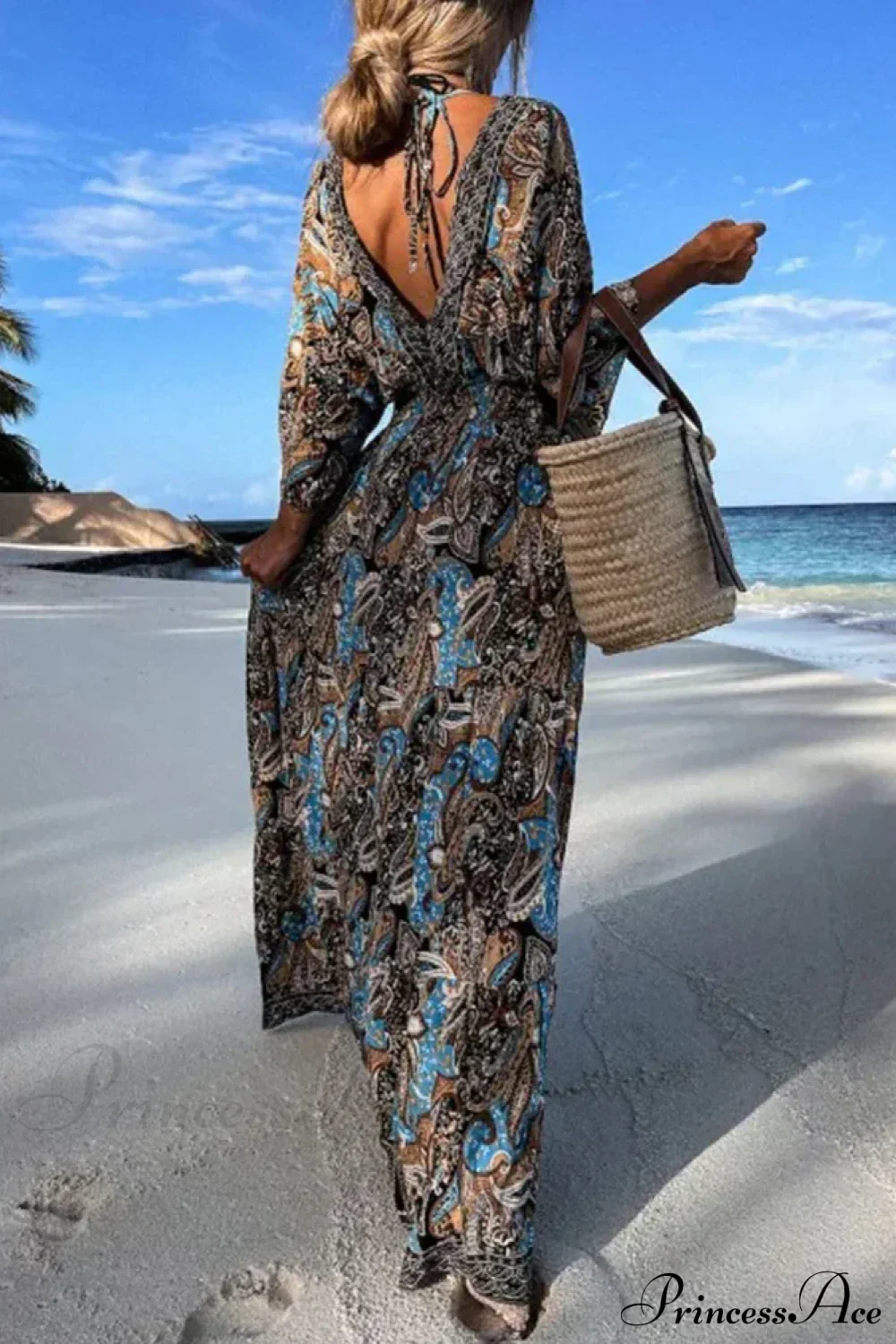 Deep V Neck Waist Drawstring Spring Pattern Vintage Boho Dress - Image 6