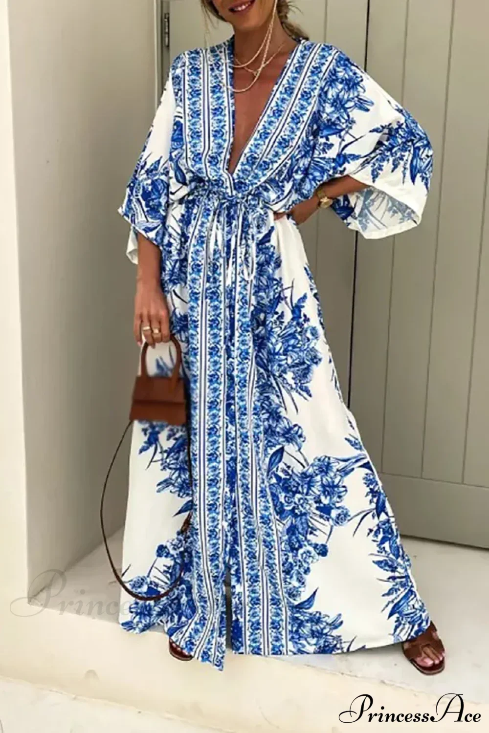Deep V Neck Waist Drawstring Spring Pattern Vintage Boho Dress - Image 8