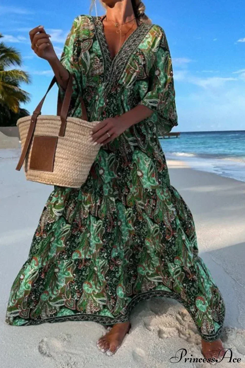 Deep V Neck Waist Drawstring Spring Pattern Vintage Boho Dress - Image 9