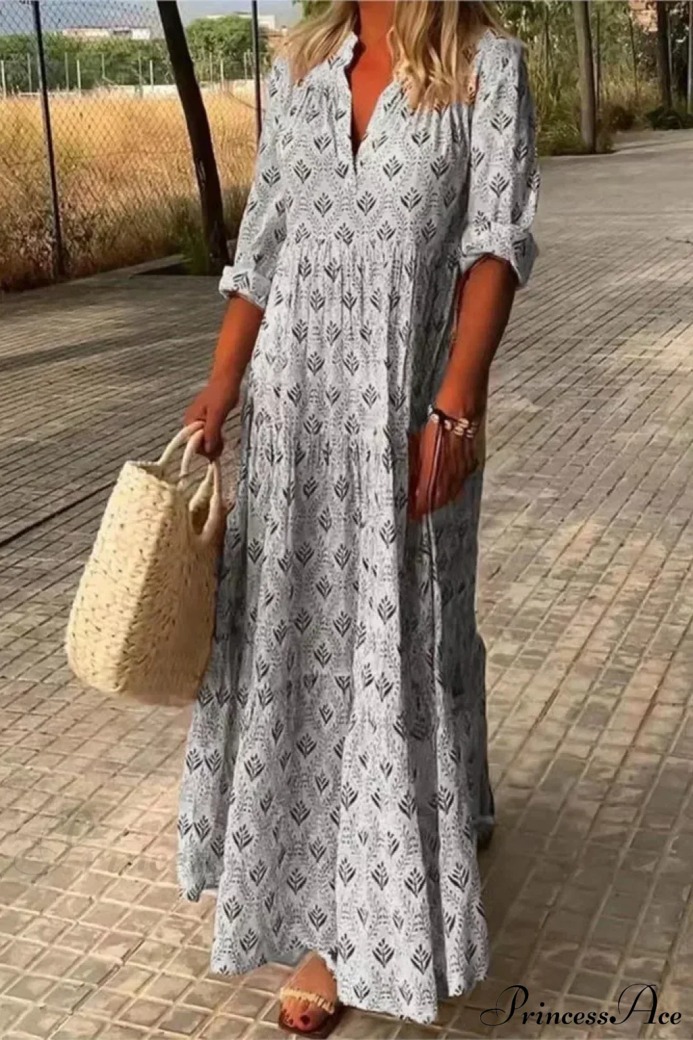Vintage V-neck Flower Printed Boho Maxi Dress - Image 3