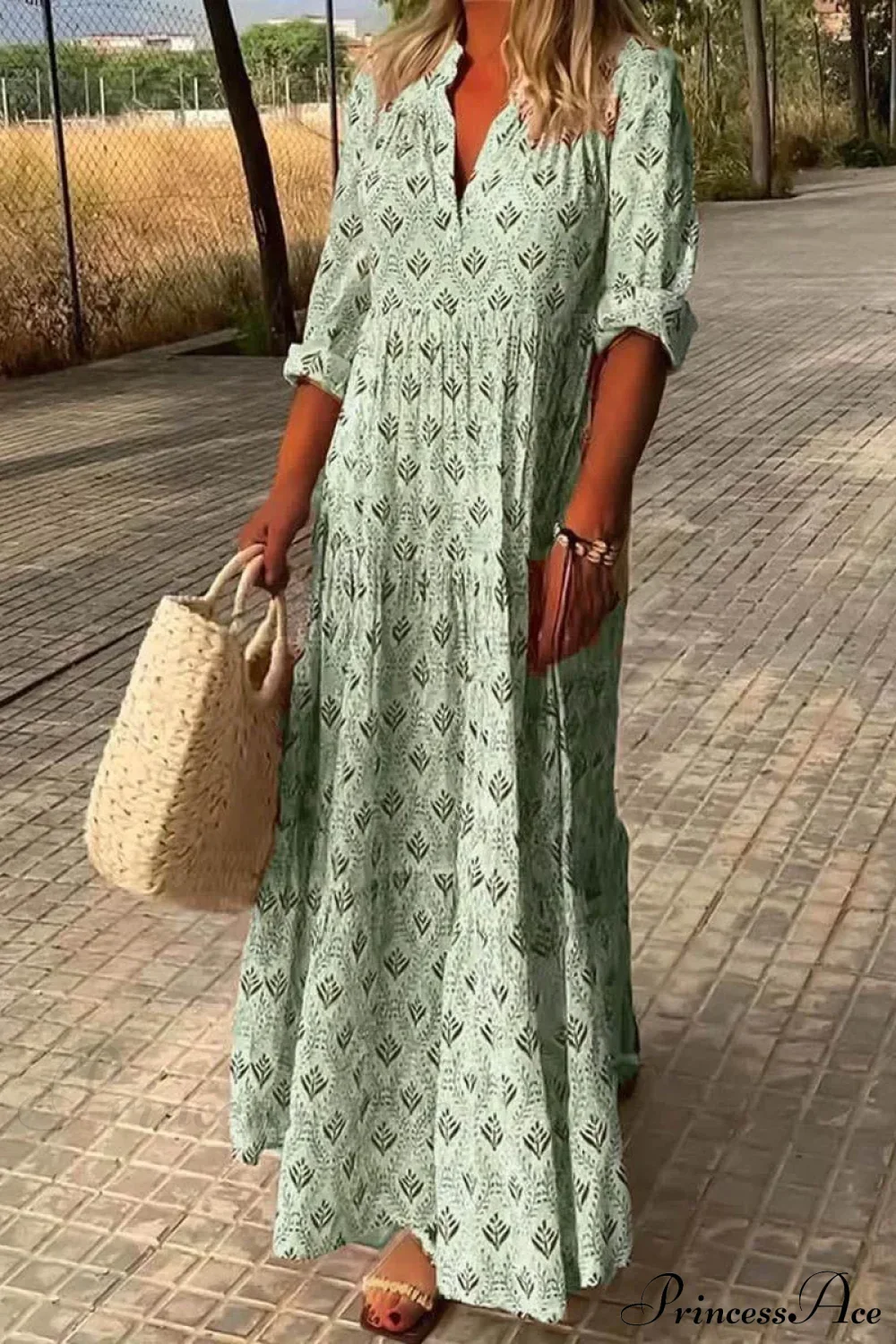 Vintage V-neck Flower Printed Boho Maxi Dress - Image 8