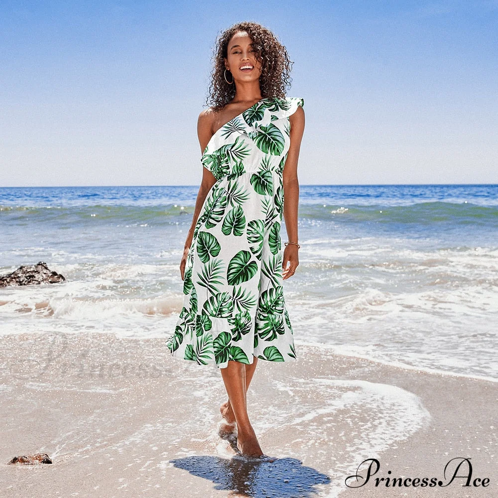 Sexy Green Tropical Leaf Beach Holiday Dress