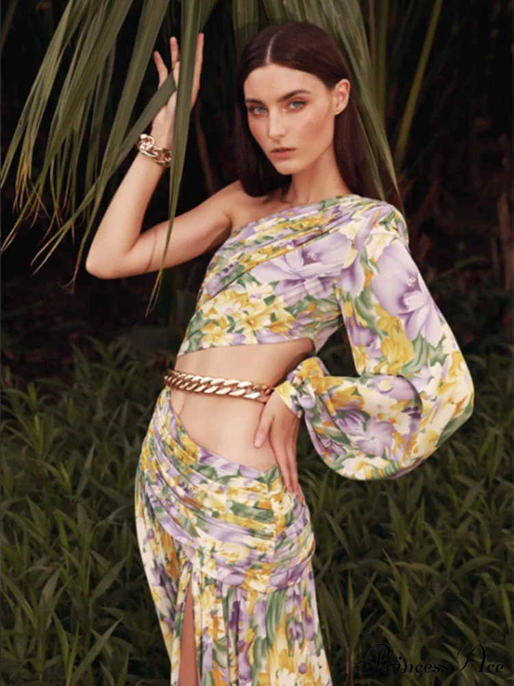 Elegant Floral Irregular Cut Out Long Sleeve Dress - Image 2
