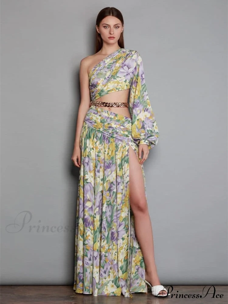 Elegant Floral Irregular Cut Out Long Sleeve Dress - Image 3