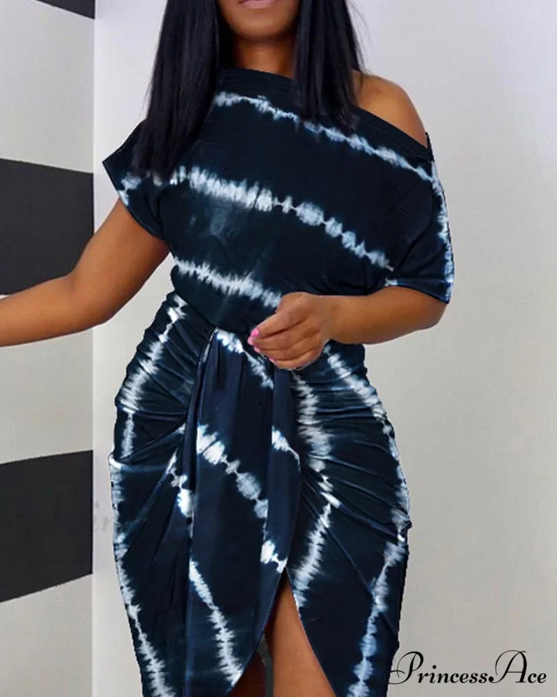 Tie Dye Print Ruched Slit Short Sleeve Casual Dress - Image 3