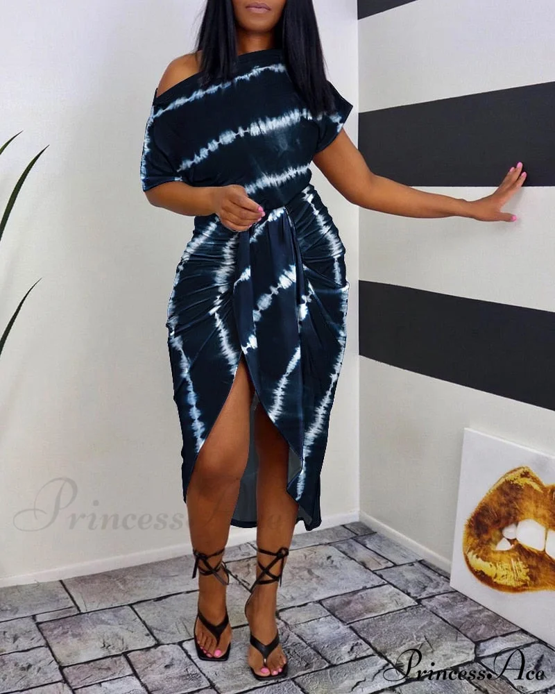 Tie Dye Print Ruched Slit Short Sleeve Casual Dress - Image 4