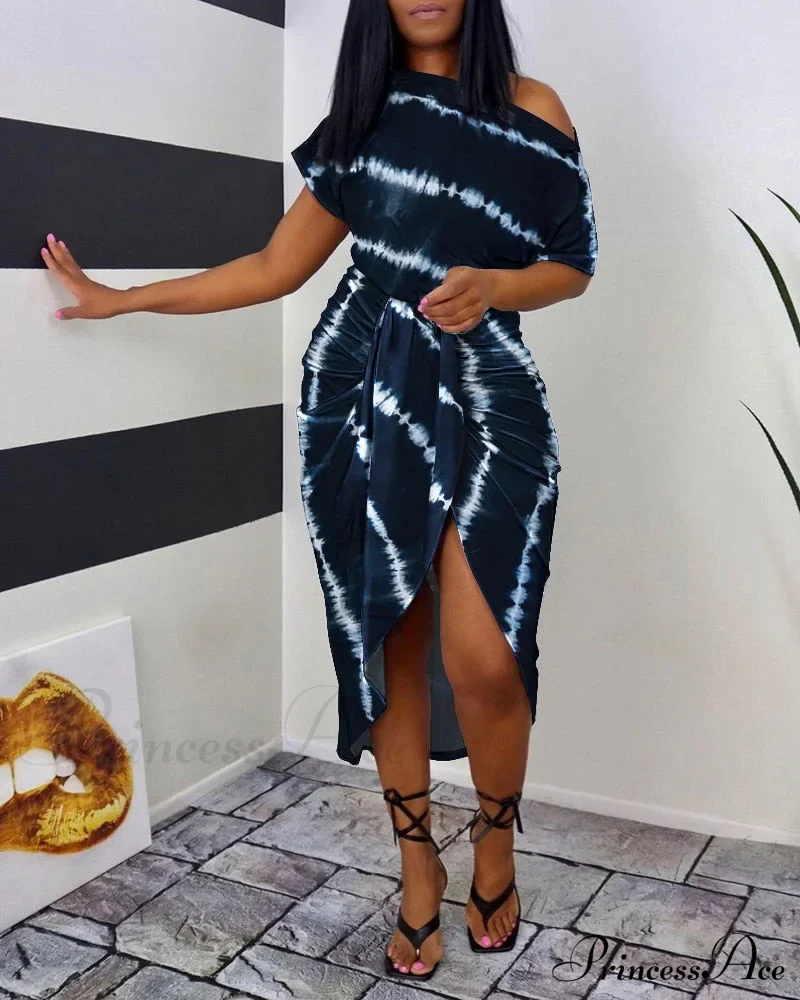 Tie Dye Print Ruched Slit Short Sleeve Casual Dress - Image 5