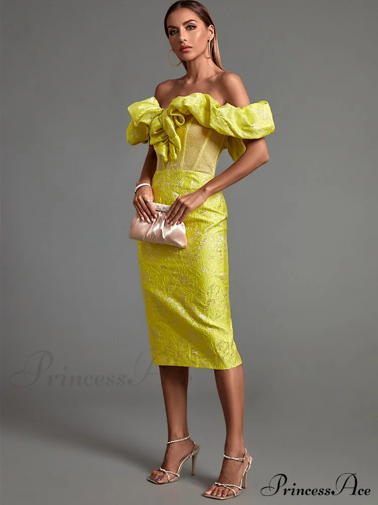 Yellow Bodycon Dress Elegant Sexy Ruffle Club Dress - Image 5