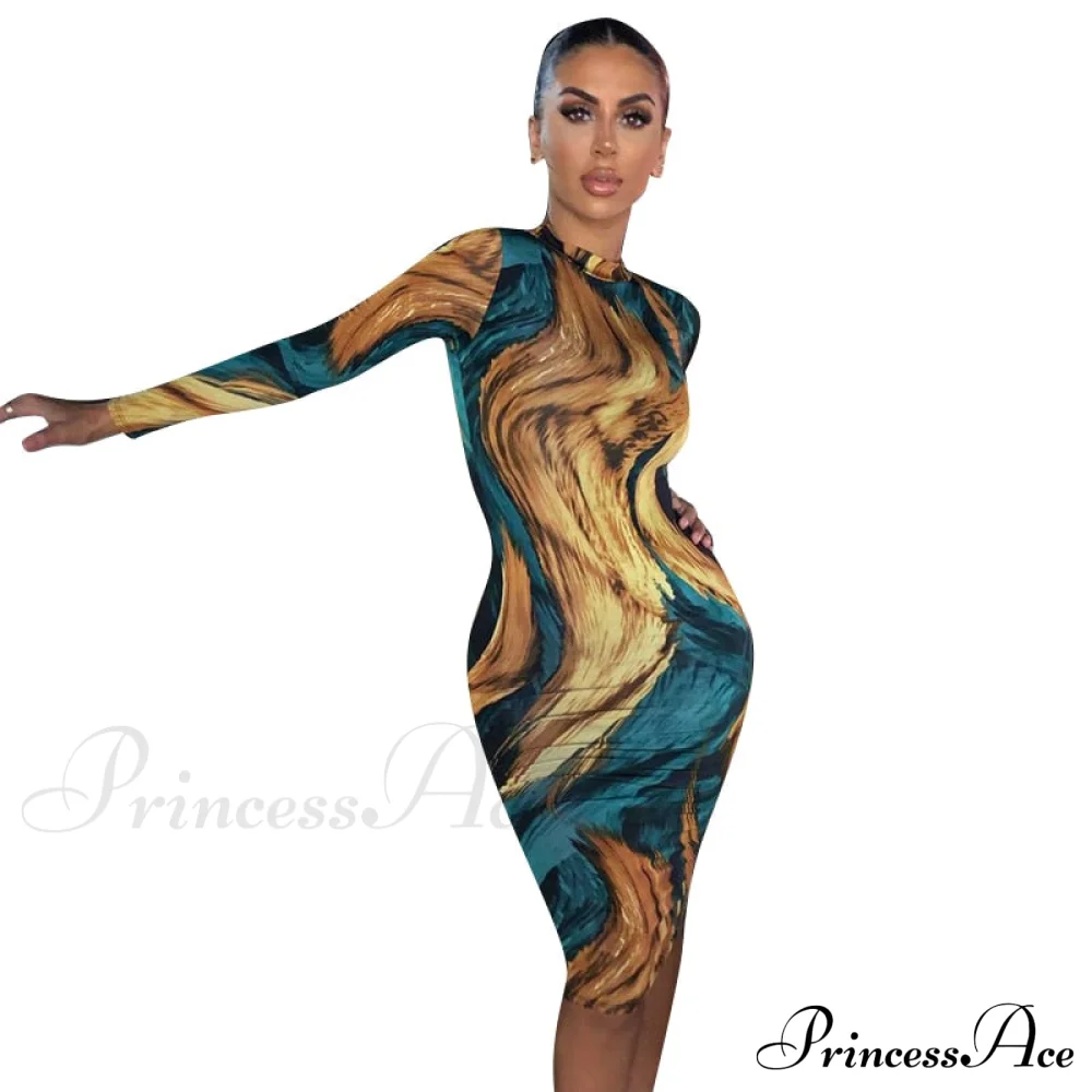 Tie Dye Print Long Sleeve Bodycon Midi Dress - Image 5