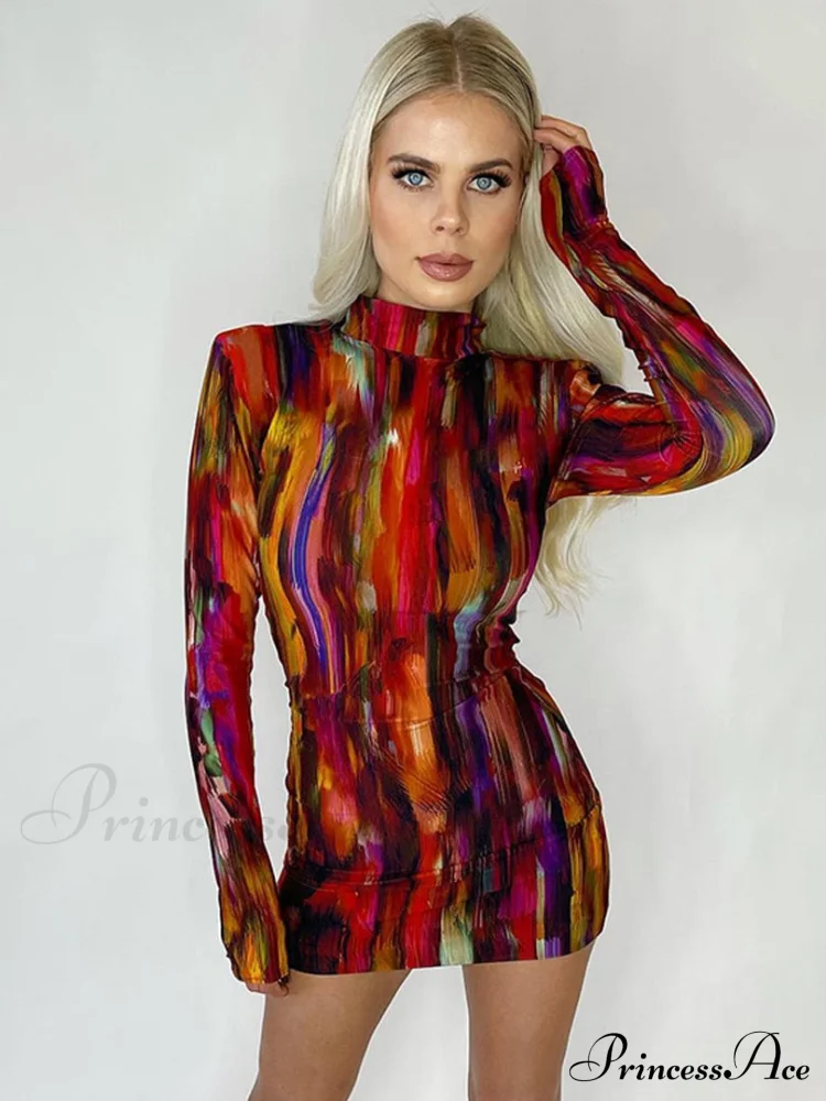 Tie Dye Print Women Long Sleeve Mini Dress