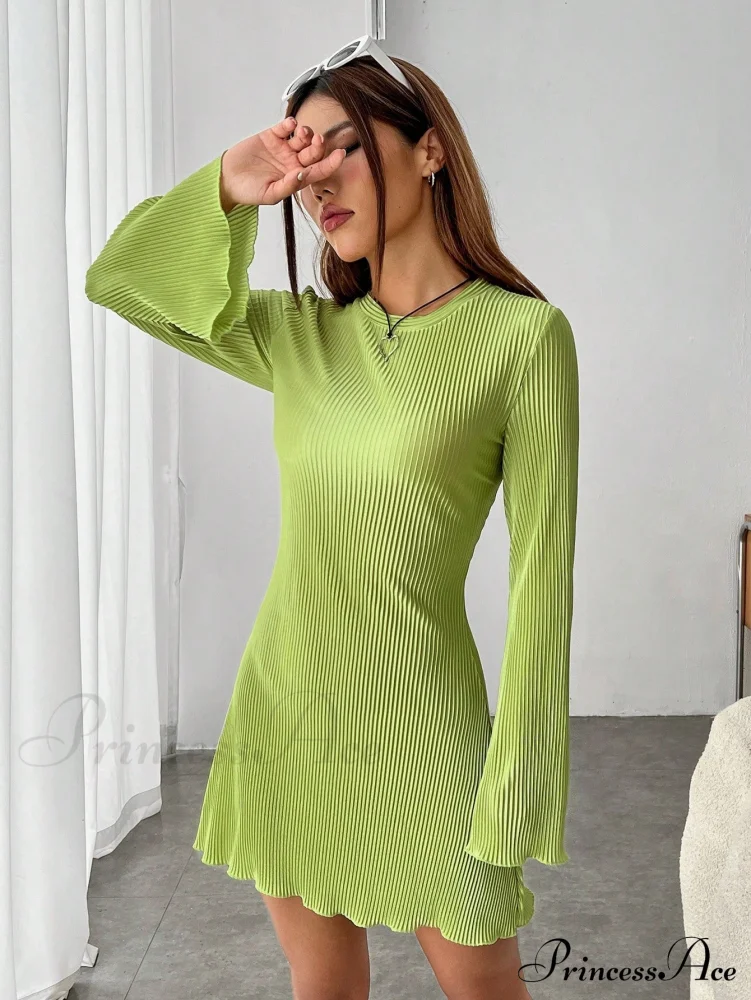 Lettuce Trim Trumpet Sleeve Ribbed Knit Dress - Image 5